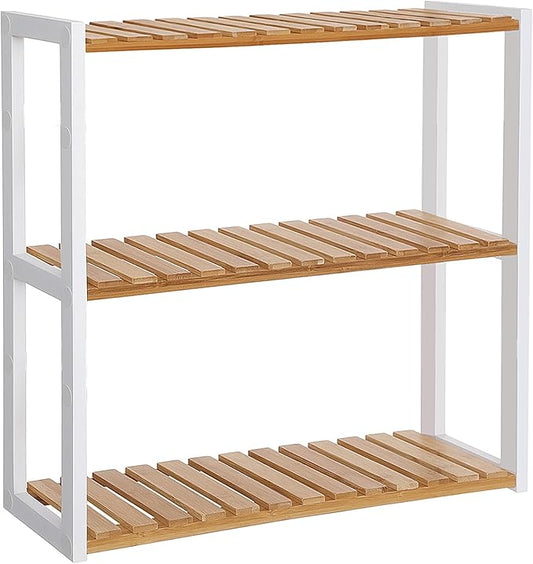 SONGMICS Bamboo Bathroom Shelf, 3-Tier Adjustable Plants Rack, Wall-Mounted or Stand, in The Living Room, Balcony, Kitchen, 5.9 x 23.6 x 21.3 Inches, Natural and Cloud White UBCB13WN