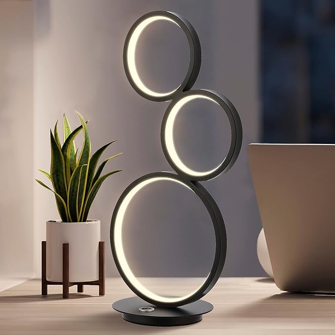 JONATHAN Y 17.25" Black 3-Light Modern Minimalist Integrated LED Table Lamp, Dimmable Touch Sensor Iron Stacked Circle Desk Lamp for Living Room Bedroom Office JYL7102A