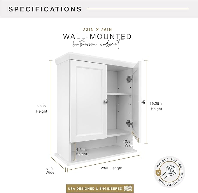 MCS 23x26 White Medicine Cabinet Organizer, Wall Mounted Bathroom Cabinet for Over-The-Toilet Storage, Bathroom Furniture & Restroom Organizer