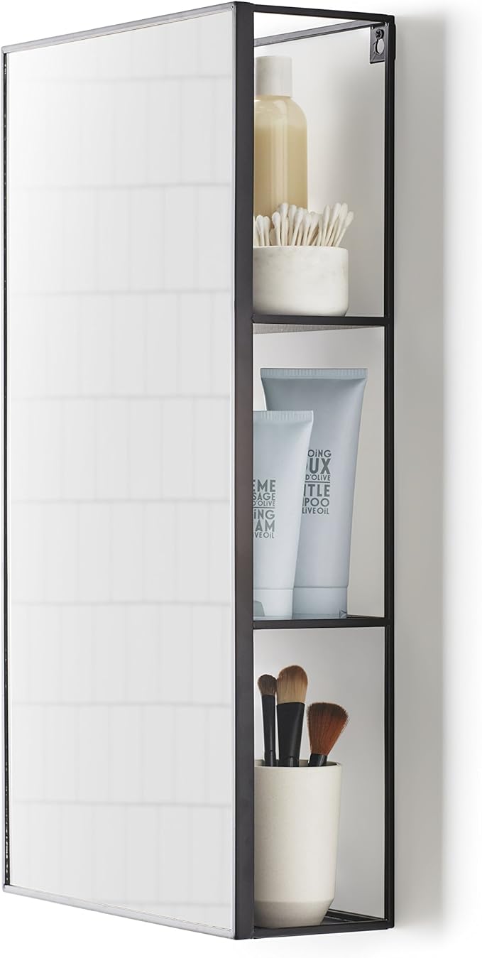 Umbra Cubiko 24x12" Rectangular Black Metal Bathroom Mirror Storage Cabinet with 3 Shelves