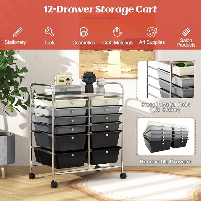 COSTWAY 12-Drawer Rolling Storage Cart, Moveable Art Craft Organizer W/Lockable Wheels, Metal Shelf, Files Arrangement Tools Makeup Storage Cart for Office, Home, School, Mixed Black
