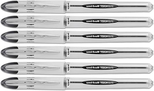 Uni-Ball Vision Elite Stick Roller Ball Pens, Bold Point, Black Ink, 6 Pens
