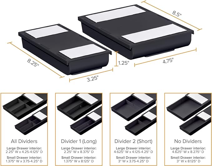 Bostitch Konnect Under Desk Drawer, Self-Adhesive Slide Out Storage Organizer with 4 Customizable Dividers, 2-Pack