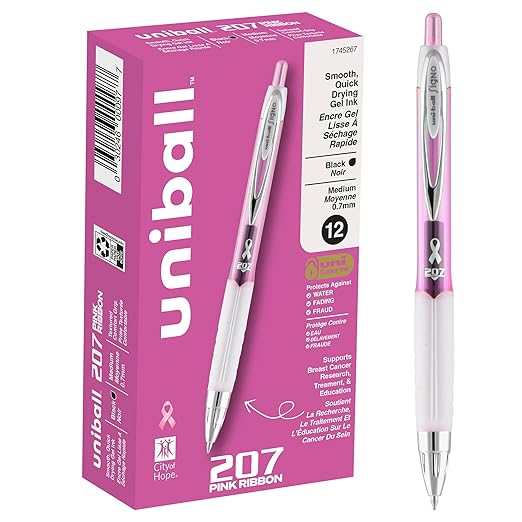 uniball 207 Pink Ribbon Retractable Gel Pens, Medium Point (0.7mm), Black, 12 Pack