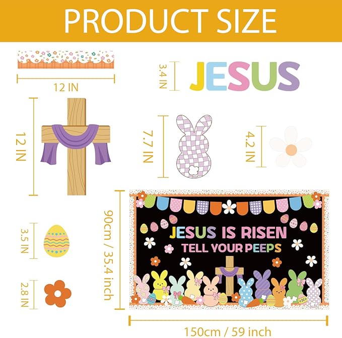 Easter Peeps Bulletin Board Decorations Set 75Pcs Jesus is Risen Cross Christian Easter Classroom Decor with Border Candy Bunny Peeps Eggs Cutout for Chalkboard Wall Door Religious Church Home Office