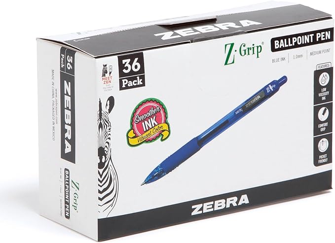 Zebra Pen Z-Grip Retractable Ballpoint Pen, Smooth-Flowing Blue Ink, 1.0mm Medium Point, School & Office Supplies, Ideal for Note-Taking, Journal and Planner Use, 36-Pack (25236)