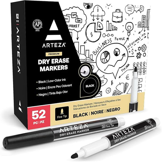 ARTEZA Black Dry Erase Markers Pack of 52, Fine Tip, Low-Odor Black Ink, Classroom-Preferred Whiteboard Markers