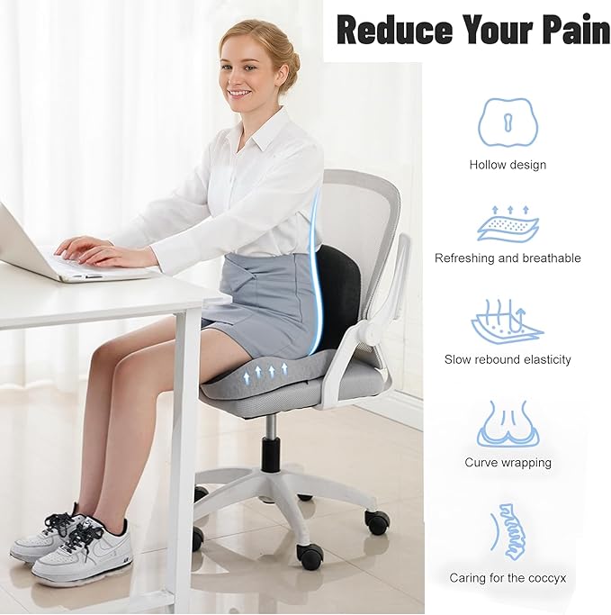 Ergonomic Memory Foam Seat Cushion for Truck Drivers Office Chairs Home Chair Cushion Car Desk Chair Non Slip Pad, Sciatica & Tailbone Pain Relief, Long Sitting Comfort Pad (Grey)