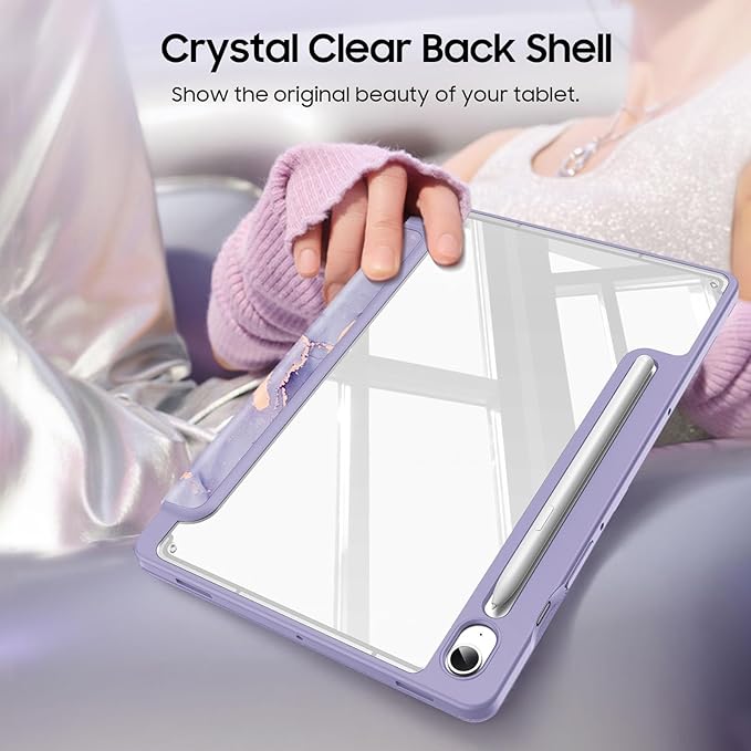 Fintie Hybrid Slim Case for Samsung Galaxy Tab S10 Lite/ S10 FE/ S9 FE 10.9 Inch/Tab S9 11 Inch with S Pen Holder, Shockproof Cover with Clear Transparent Back Shell, Auto Wake/Sleep, Lilac Marble