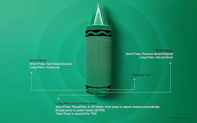 Crayola Kids Crayon Speakers Bluetooth Wireless, Portable Bluetooth Speakers 20W Peak Power HD Sound, Mini Bluetooth Speaker with TWS Pairing BT 5.3, FM Radio Home/Party/Outdoor/Travel