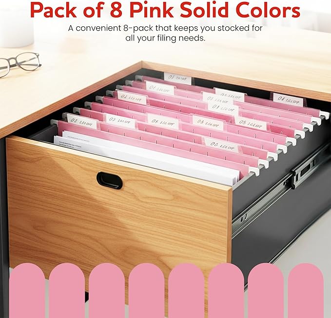 Pink Hanging File Folders – 8 Pack, Letter Size File Organization Folders for Home, Office, School & Filing Cabinets