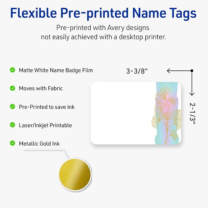 Avery Printable Rectangle Adhesive Name Badges, Pre-Printed Floral Design, Matte White, 2-1/3" x 3-3/8", Laser & Inkjet Compatible, 80 Total, Great for Branding, Marketing, and Events