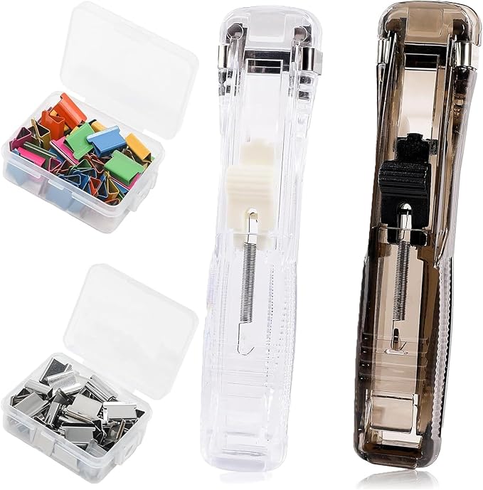 Portable Binder Clip Stapler, Includes 100 Reusable Clips, Handheld Paper Clam Clip Dispenser Large Size, Mini Push Stapler Clamp Staplers for Desktop Document Home School Desk Office(2PCS-A)