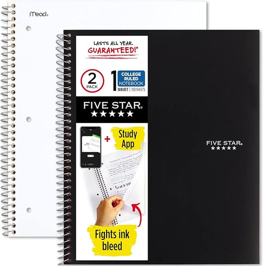 Five Star Spiral Notebooks + Study App, 2 Pack, 1 Subject, College Ruled Paper, 11" x 8-1/2", 100 Sheets, Black, White (38454)