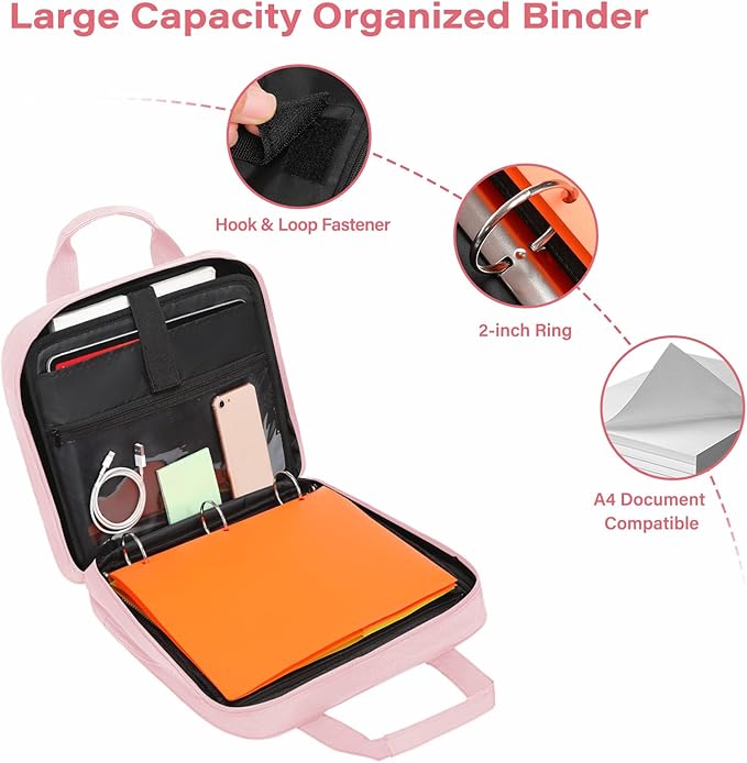 MOSISO 3 Ring Zipper Binder, 2 inch O-Ring Binder Organizer 500 Sheets Capacity Multiple Pockets Bag for Office with Handle & Shoulder Strap Compatible with 13 inch Laptop/Tablet, Pink