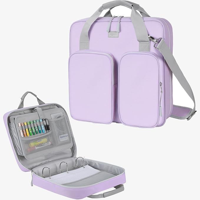 4 Inch 3 Ring Zipper Binder with Shoulder Strap & Handle & Multi-Pocket - 4" Binder with Zipper for School, Compatible with 13-Inch MacBook/Tablet -Patent Design Purple
