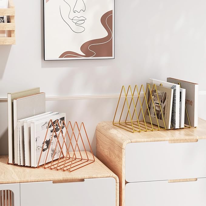 Urban Deco Triangle Desk Organizers Metal Wire Magazine Holder 10 Sections Decorative File Folder Organizer Vinyl Record Storage Office File Organizer For Desk - Rose Gold Magazine File Holder