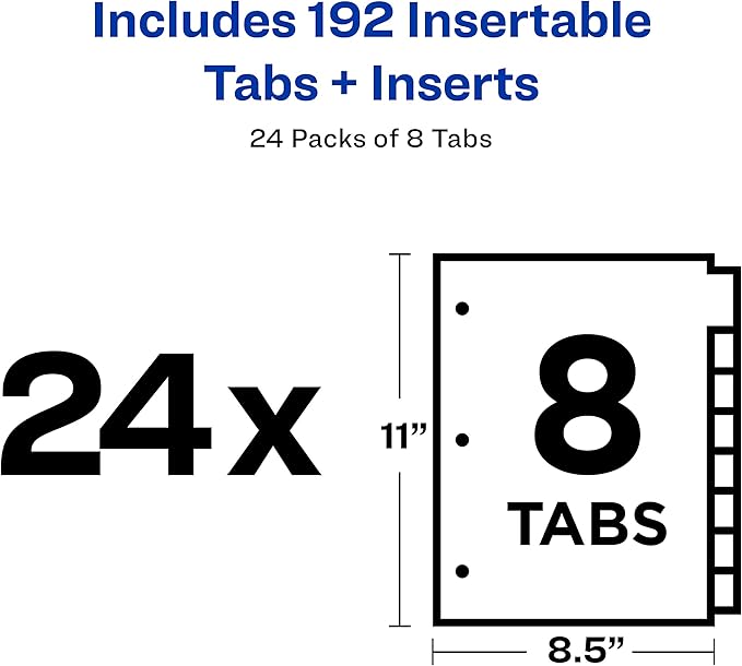 Avery Big Tab Insertable Dividers for 3 Ring Binders, 8-Tab Set, Buff Paper, Clear Tabs, Binder Divider Value Pack of 11112, 24 Sets Total (11115)