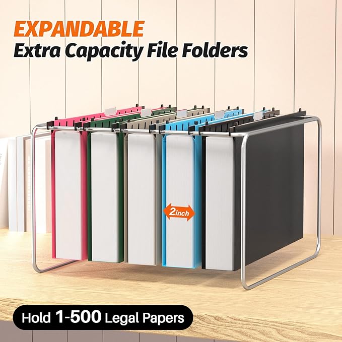 Extra Capacity Legal Size Plastic Hanging File Folders,12 Pack Reinforced Legal Size Hanging Folder with Heavy Duty 2 Inch Expansion,for Bulky Files, Medical Charts,Assorted Colors