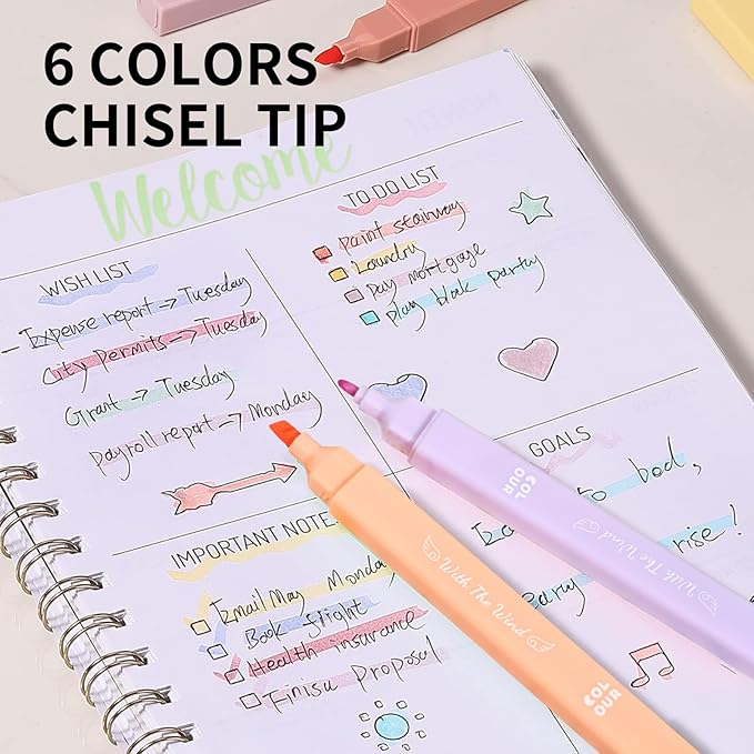 6Pcs Aesthetic Cute Highlighters with Soft Chisel Tip, Double Ended Highlighter, Quick Dry Assorted Colors Highlighters Markers for School Supplies and Office Journaling