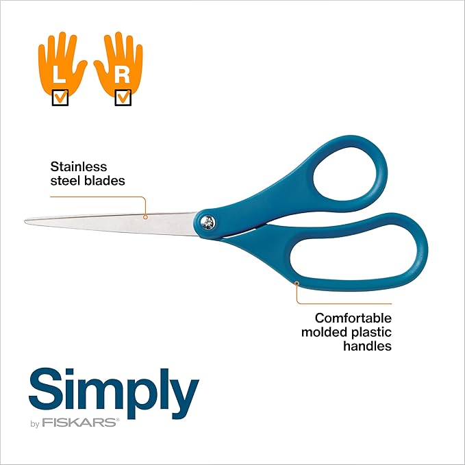 Fiskars 8" Scissors for Home & Office (2-Pack), Stainless Steel Scissors, All Purpose Cutting for Home, Arts & Crafts, Blue