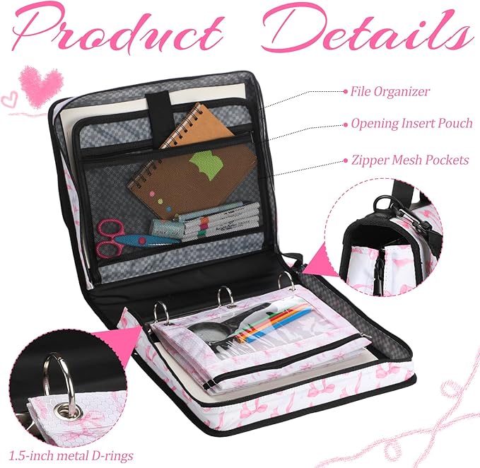 4 Pcs Pink Bow Coquette Zipper Binder with Pouch Bag Set 1.5 Inch 3-Ring Expanding Folders with Shoulder Straps and Handle Bowknot Keeper Watercolor Zipper Case for Office