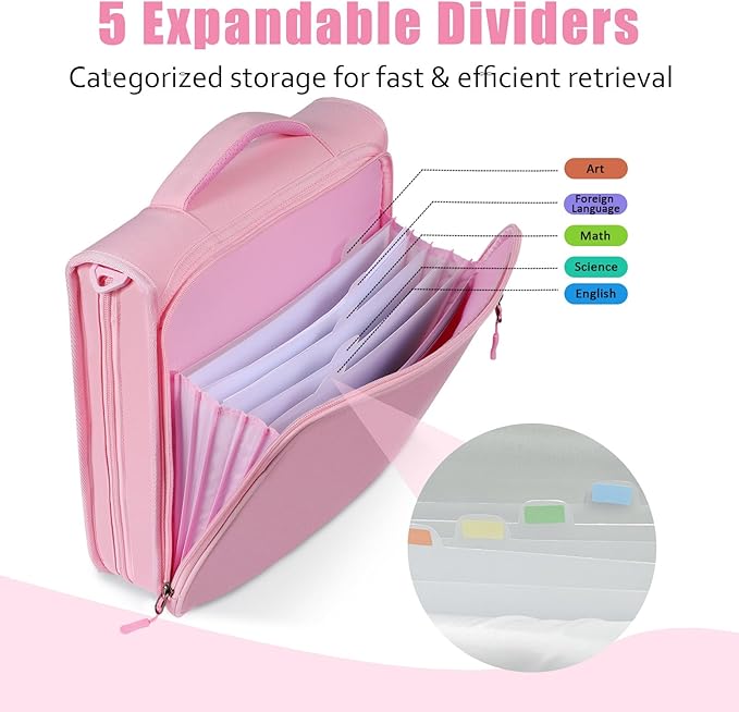 2 Inch 3 Ring Zipper Binder with 500 Sheet Capacity, 6 Tab Expanding File Folder, Multi-Pocket Design, Shoulder Strap and Handle for Middle School and Office (Pink)