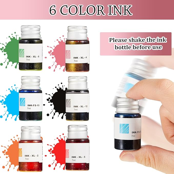 Zonon Glass Dipped Pen Ink Set 14 Pcs Include 6 Pcs Glass Dip Pen, 6 Colorful India Ink and 2 Holder Crystal Signature Calligraphy for Art, Writing, Gift(Purple Pink Color System)