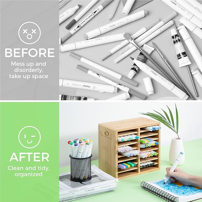 Ohuhu Bamboo Marker Organizer, Wooden Desktop Storage Hold 126 Markers, Pens, Pencils, Art Brushes Stationary Organizer Pencil Holder with 18 Compartments for Home, Classroom, Office Decor