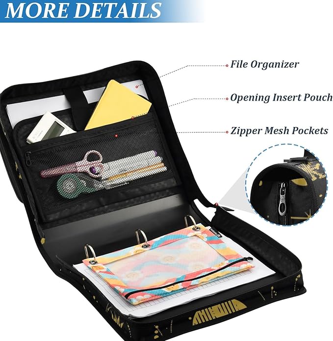 3 Ring Zipper Binder with Shoulder Strap Sun Moon Astrology Boho 1.5 inch Binders Keeper Large Capacity Multi Pockets for School Office Supplies
