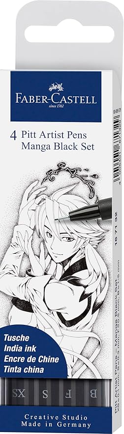 FABER-CASTELL 167132 PITT Artist Manga Drawing Pens, Black, 4-Pack