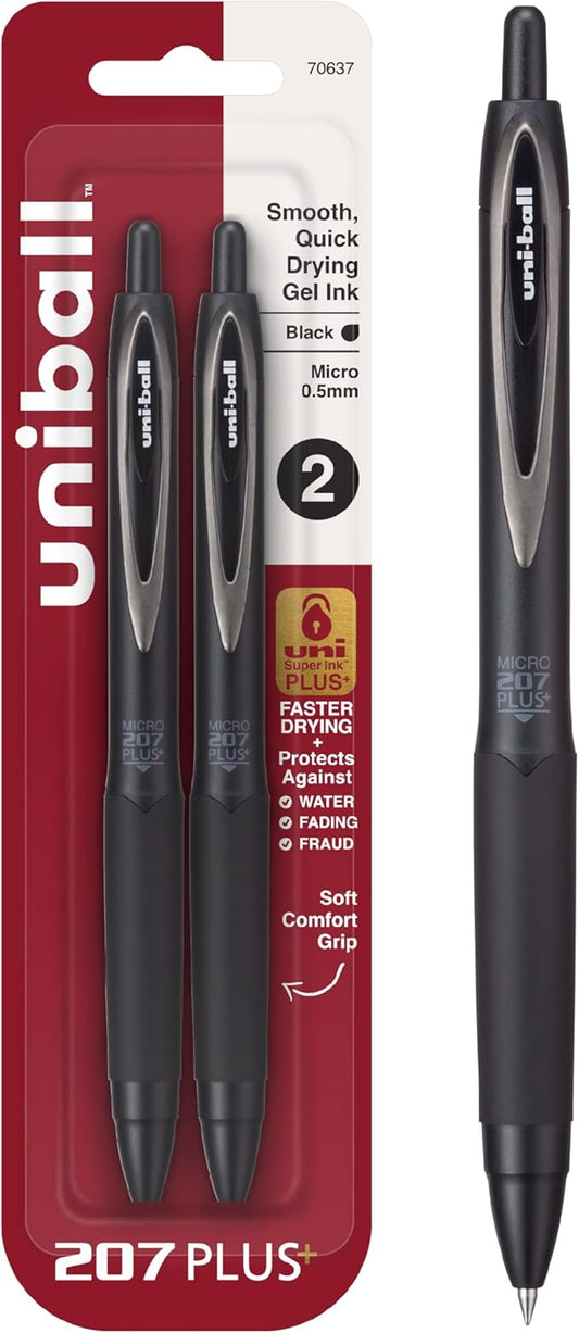 Uni-Ball 207+ Black Retractable Gel Pens 2 Pack with Micro 0.5mm Points, Fraud Proof Office, Nursing, Business, School, Bible Pens