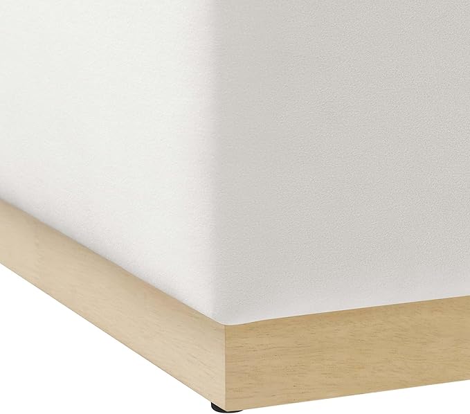 Modway Tilden 28 Inch Square Performance Velvet Upholstered Ottoman in Alabaster Natural - Large Ottoman Foot Rest with Rubberwood Plinth Base, Living Room Ottoman Coffee Table - Velvet Ottoman Table