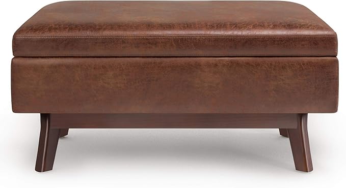 SIMPLIHOME Owen Small Rectangular Storage Ottoman - 36 inch Wide Upholstered Vegan Leather Lift-Top Ottoman in Distressed Saddle Brown, Mid-Century Modern Ottoman for Living Room with Tufted Detail