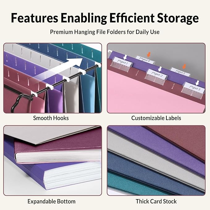 SUNEE Hanging File Folders Vintage Colors, 25 Pack Letter Size File Folders with 1/5-cut Tabs, Stay Organized for Your Home and Office Bulk File and Documents