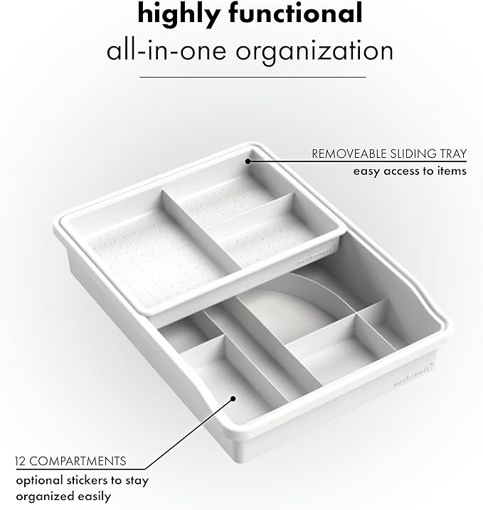 madesmart 24-Compartment Junk Drawer Organizer with Sliding Top Tray, Multi-Purpose Storage for Kitchen, Office & Bathroom Drawers, White
