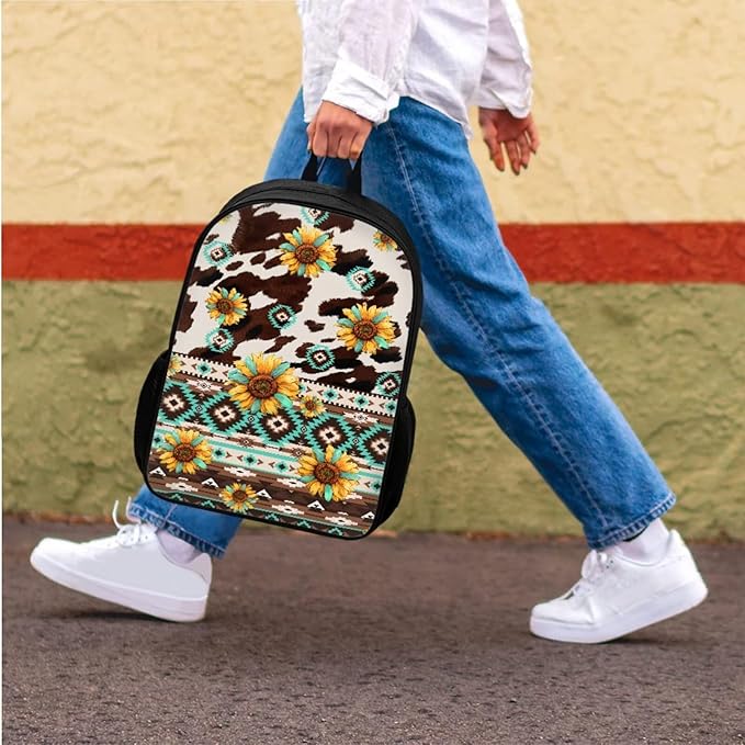 CLOHOMIN Aztec Cow Print Backpack with Lunchbox Age 5th Grade/6th Grade 3 in 1 Middle School Book Bags with Pencil Case Lunch Bag Set Sunflowers School Bag for Kids Boys Girls 9-10