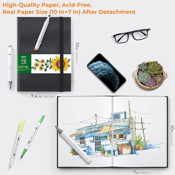 Ohuhu Marker Pads Art Sketchbook, 7.4"x10" Large Paper Size, 120 lb/200 gsm Drawing Papers, 78 Sheets/156 Pages, Hardcover Sketch Book for Alcohol Markers Christmas Gift