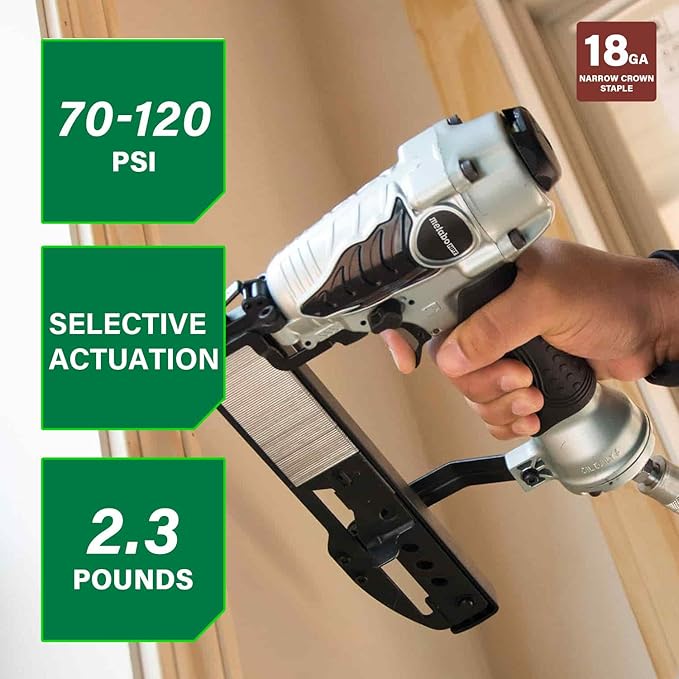 Metabo HPT Narrow Crown Stapler, Pro-Preferred Pneumatic Power Nailers, Finish Stapler for Furniture & Cabinetry, Lightweight Trim Tool, Ergonomic Design, 18 Gauge, 1/2″ to 1-1/2″ Staples, N3804AB3