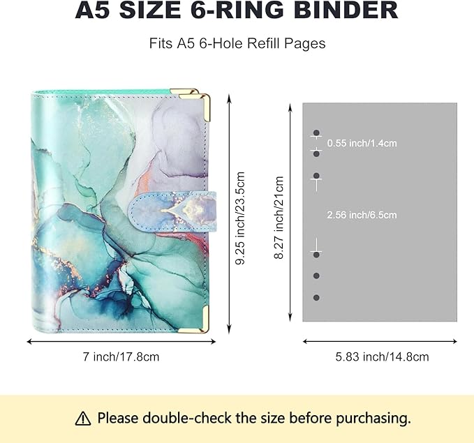 A5 Refillable 6 Ring Faux Leather Budget Binder,Mini Notebook Binder Cover for A5 Filler Paper,Loose Leaf Personal Planner Cover with Magnetic Buckle Closure (Marble Green)