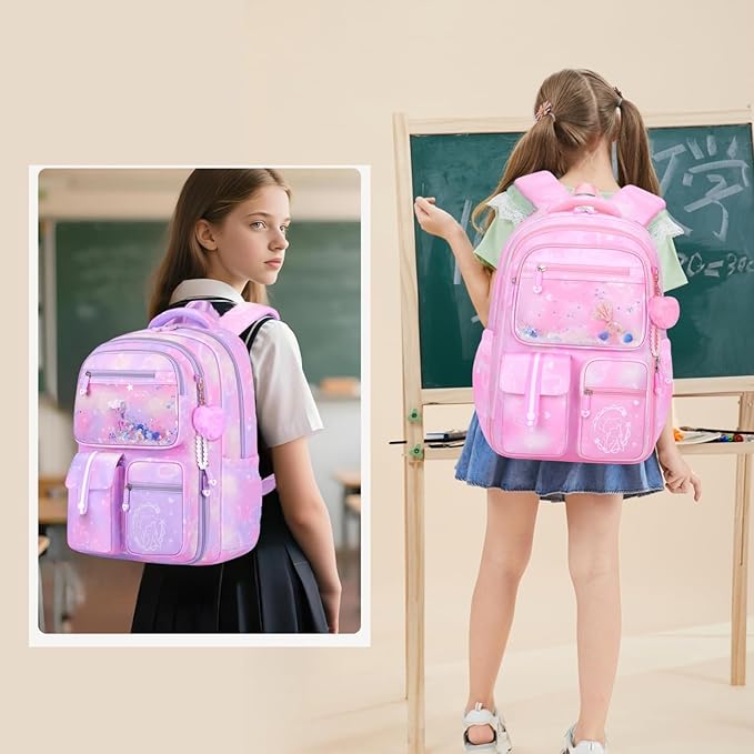 Backpack for Girls Cute Bow Kids Backpack for Elementary School Students Bookbag Middle School Bags for Girls Travel Back Pack, Dreamy Purple