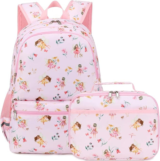 DSIUE Kids Backpack for Girls Elementary BookBags Teens School Backpack with Lunch Box Flower Fairy Pink