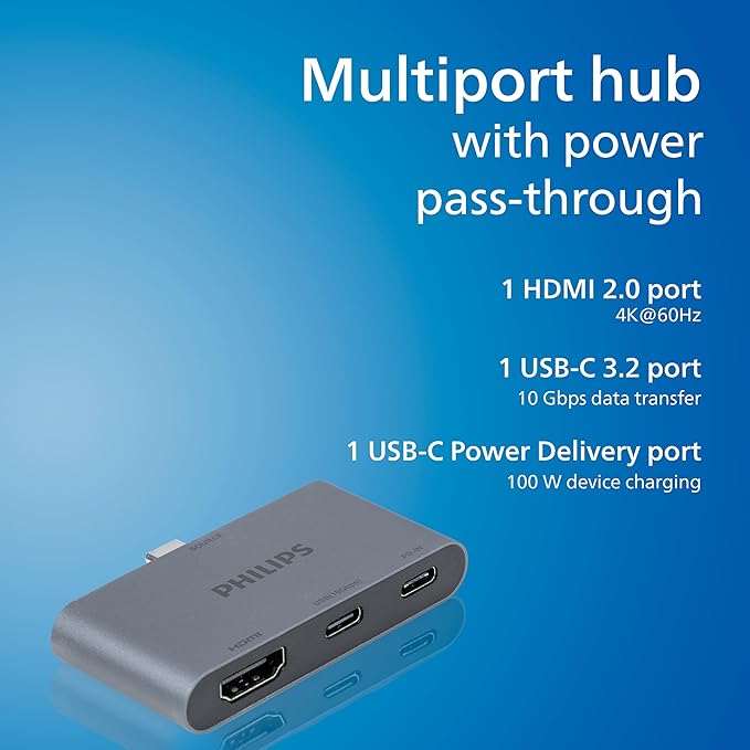 Philips USB-C Multiport Hub, with 4K HDMI Display, 10bps and 2 5Gbps USB-A Data Ports, 100 Watt Power delivery, Multi Device Connector, for Phone, Tablet or Laptop, Gray/Silver, SWL3303M/37
