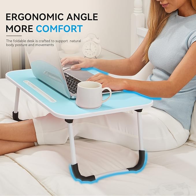 BUYIFY Folding Lap Desk, 23 Inch Portable Wood Blue Laptop Bed Desk Lap Desk with Cup Holder, for Working Reading Writing, Eating, Watching Movies for Bed Sofa Couch Floor- new005 Blue