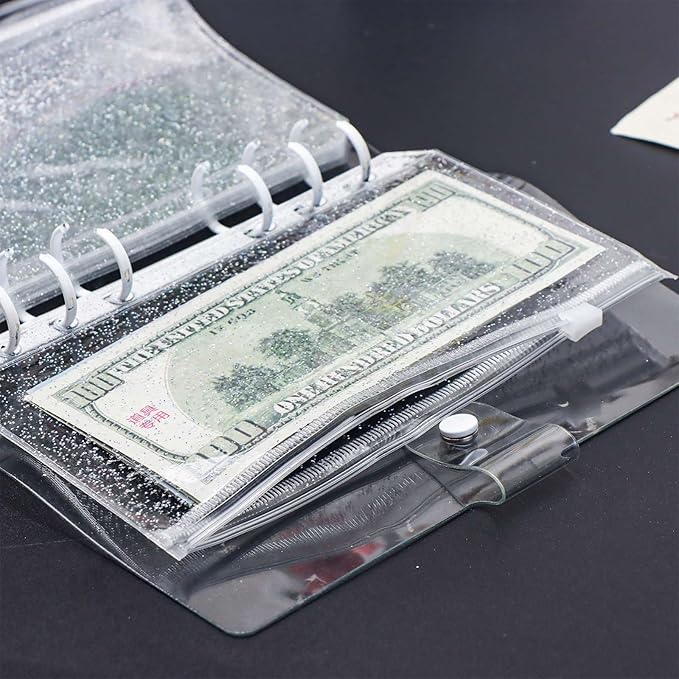 10pcs A6 Cash Stuffing Envelopes Zipper Binder Pockets Clear Glitter PVC 6 Hole Zip Sleeves Loose Leaf Pouches for 6 Ring Binder Planner (A6 4.17" x 6.85")