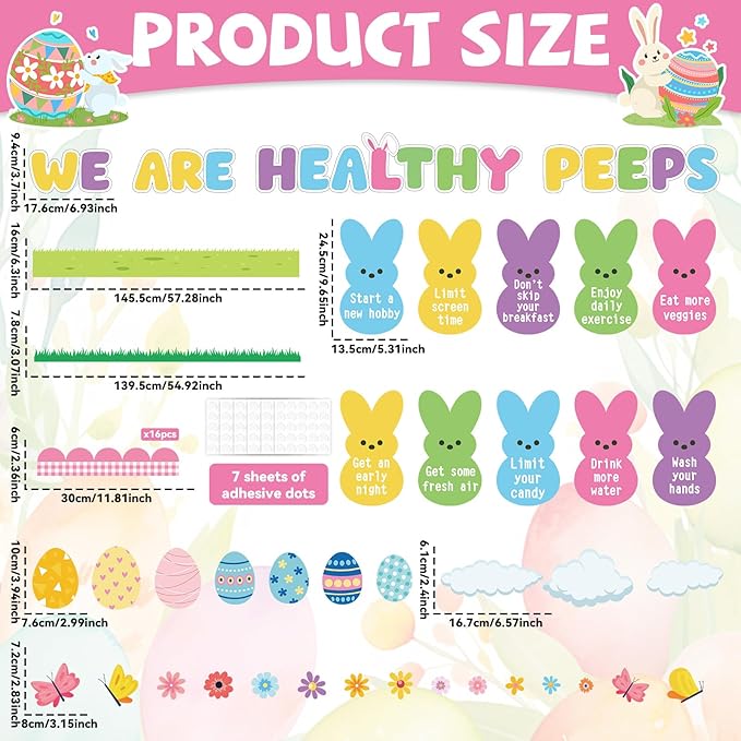 Easter Health Bulletin Board Set Easter Health Habits Classroom Decoration Spring Bunny Rabbit Good Habit Paper Cutouts Spring Classroom Decoration for Spring School Chalkboard Wall Decor Supplies