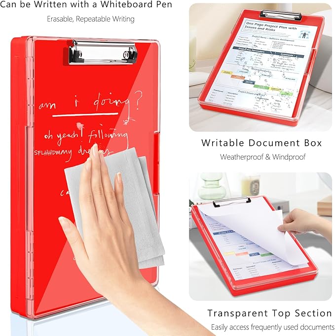 SFLHHDM Clipboard with Storage,Heavy Duty Clip Boards 8.5x11 with 2 Storage Case,Clear Visible Panel Storage Clipboards,Side Opening Nursing Clipboard Folder for Office Supplies-Red
