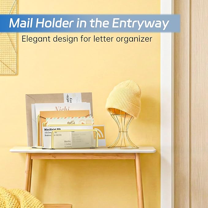 Mail Organizer Countertop with 5 Slot, Metal Mail Holder for Desk, File Holder Letter Sorter for Envelope, Bill and Document (Gold)