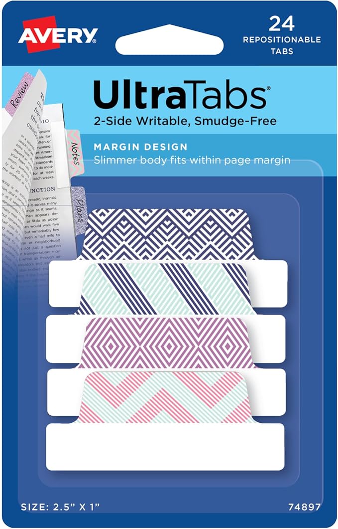 Avery Margin Ultra Tabs, 2.5" x 1", Assorted Color Geometric Designs, 24 Repositionable Page Tabs (74897)