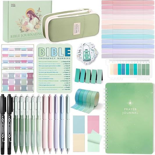 XKDOUS Bible Study Supplies Journaling Kit for Women, Bible Study Kit Journaling Supplies with Prayer Journal, Highlighters, Emergency Card, Pencil Case and More, Christian Gifts for Women, Green